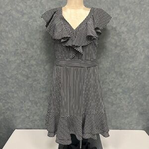 J.O.A. Striped Ruffle Dress‎ V-Neck Tie Waist Flounce Hem Black White S *FLAWS*